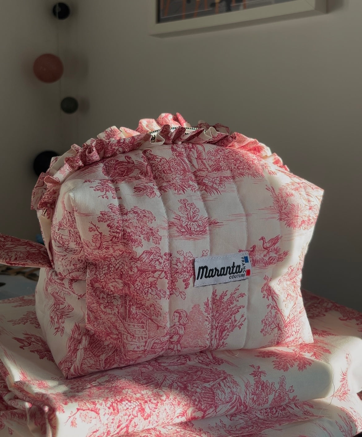 Trousse toile de jouy rose